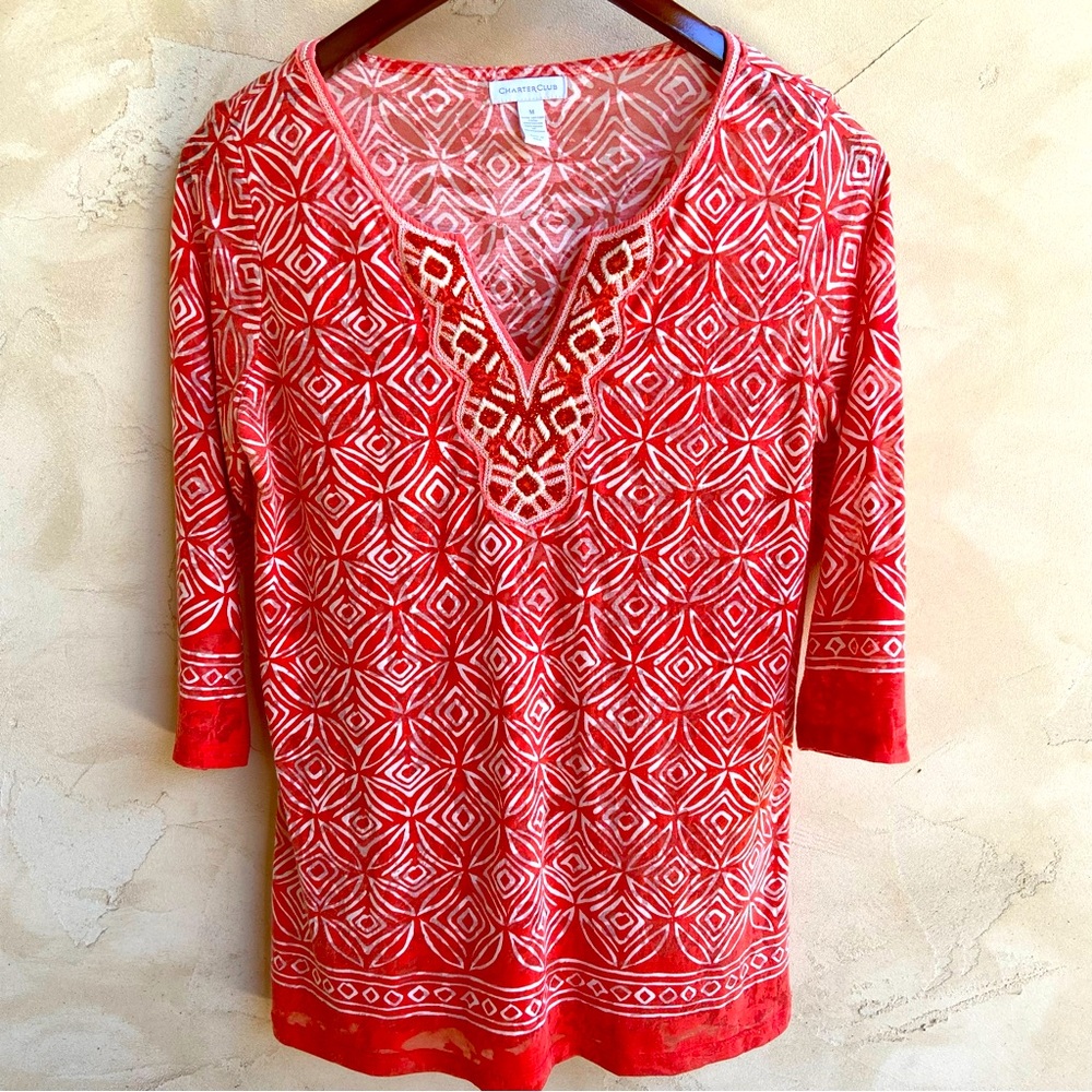 CHARTER CLUB Semi-Sheer Orange and White Beaded Tunic Top Women’s Size Medium